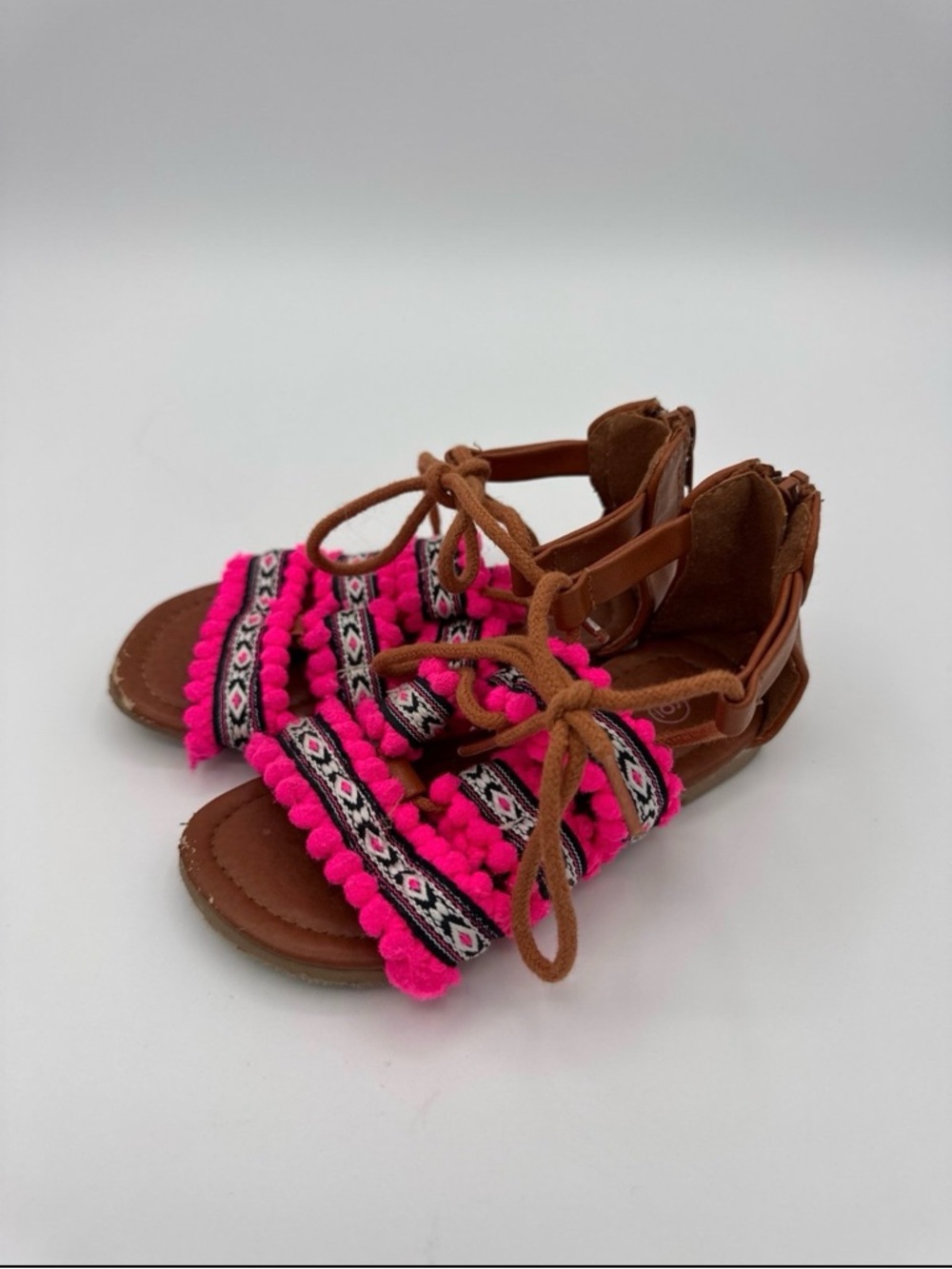 Kidgets Toddler Girls Boho Pom Pom Gladiator Sandals Size 6 Pink Tan